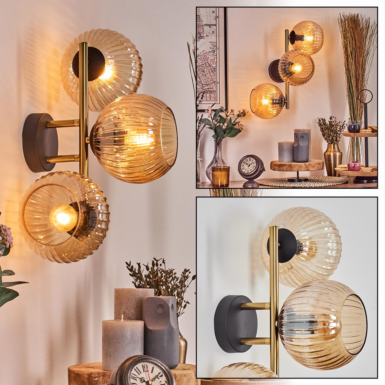 HOFSTEIN Wandleuchte Koyoto, Wandlampe aus Metall/Riffelglas in Schwarz/Gold/Bernstein, Leuchte im Retro/Vintage-Design (Schirme Ø 15 cm), E14, Wohnzimmer, Schlafzimmer, Küche, Flur, Treppenhaus