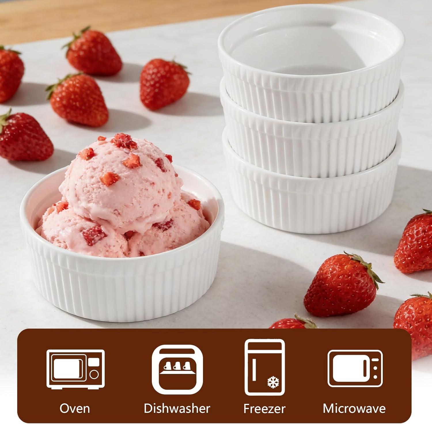 Cinf White 10 oz Set of 4 Souffle Dishes Ramekins Oven Microwave Safe Bowls Creme Brulee Sauce Cups for Baking Cooking Porcelain Individual Serving Size for Desserts