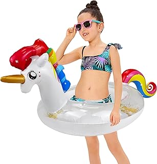 Inflatable Unicorn Floats baby swimming float Circle Seat Pool Float Funny Beach Float Girls Inflatable Pool Floats with Glitter for Kids Swimming Pool Water Sports floaties for kids