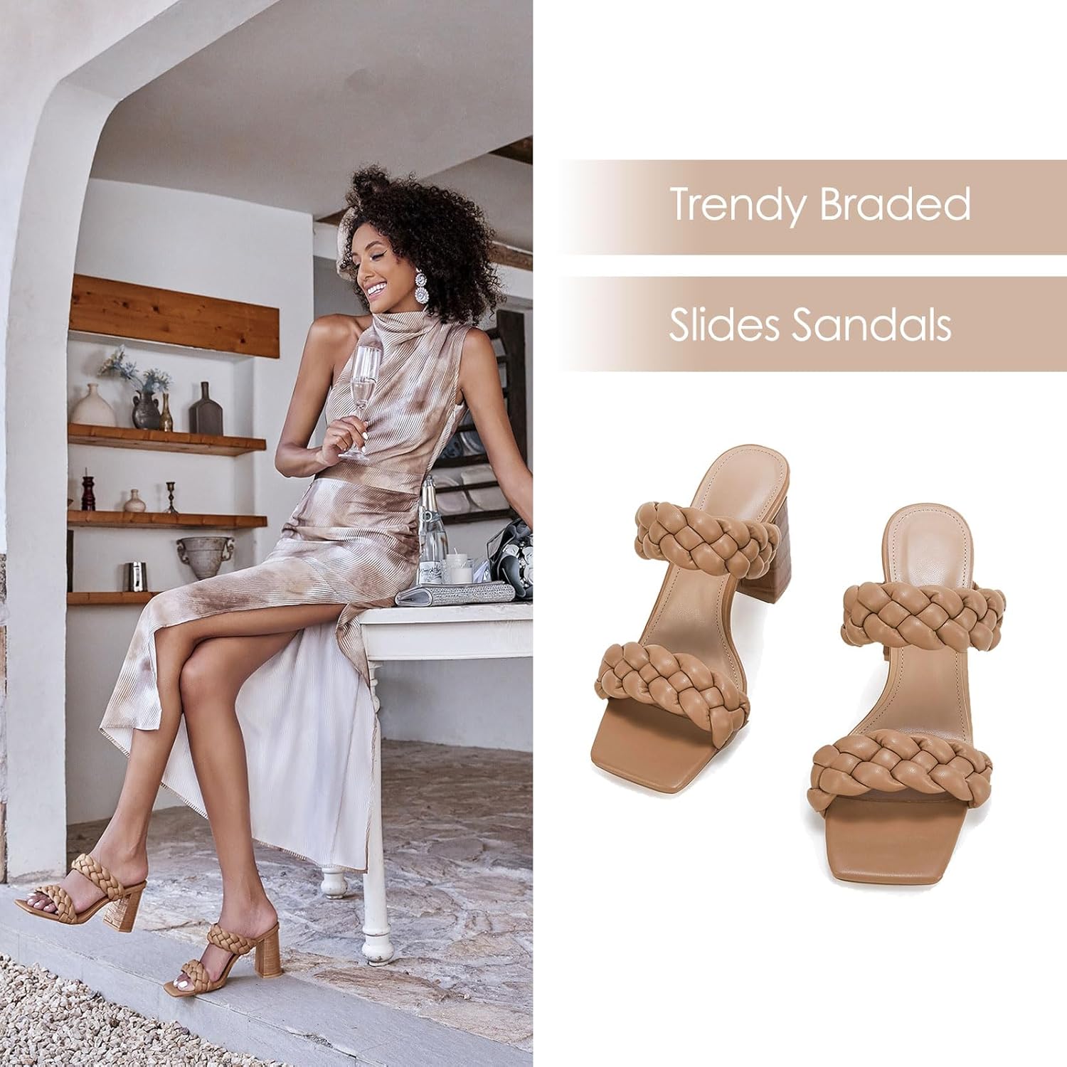 Syktkmx Womens Braided Heels Sandals Chunky Block Heel Double Strap Summer Dressy Sandal - Image 4