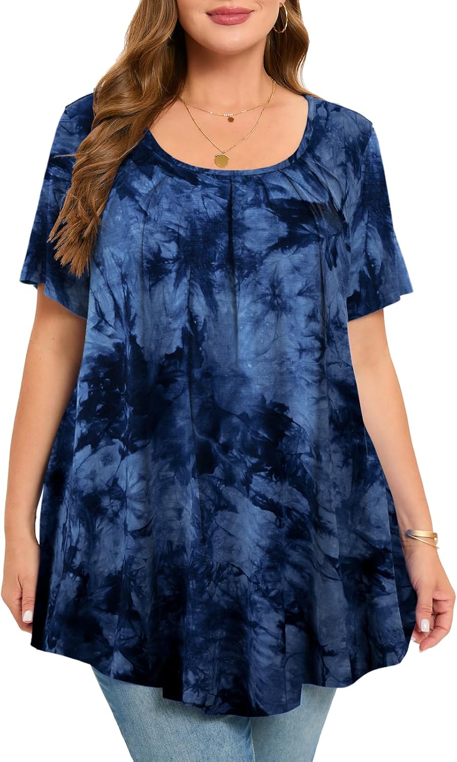 MONNURO Womens Summer Tops Plus Size Tops Short Sleeve Pleated Shirts Swing Blouse Tunic Tops for Curvy Women - Image 2