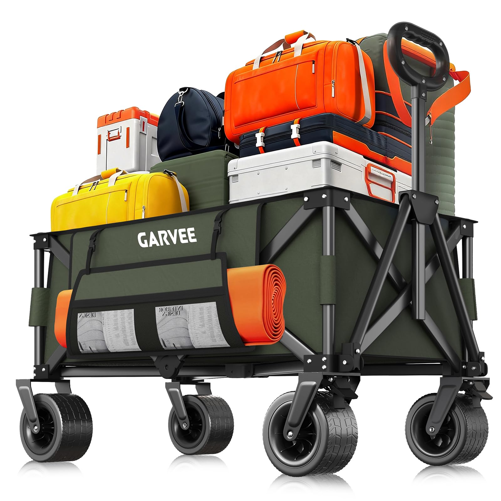 Bollerwagen Faltbar Mit 200kg Belastbarkeit & 200L Volumen, Klappbarer Transportwagen Mit Bremsen & 20cm Offroad-Rädern, Handwagen Mit Seitentaschen Für Strand, Camping, Garten, Einkäufe