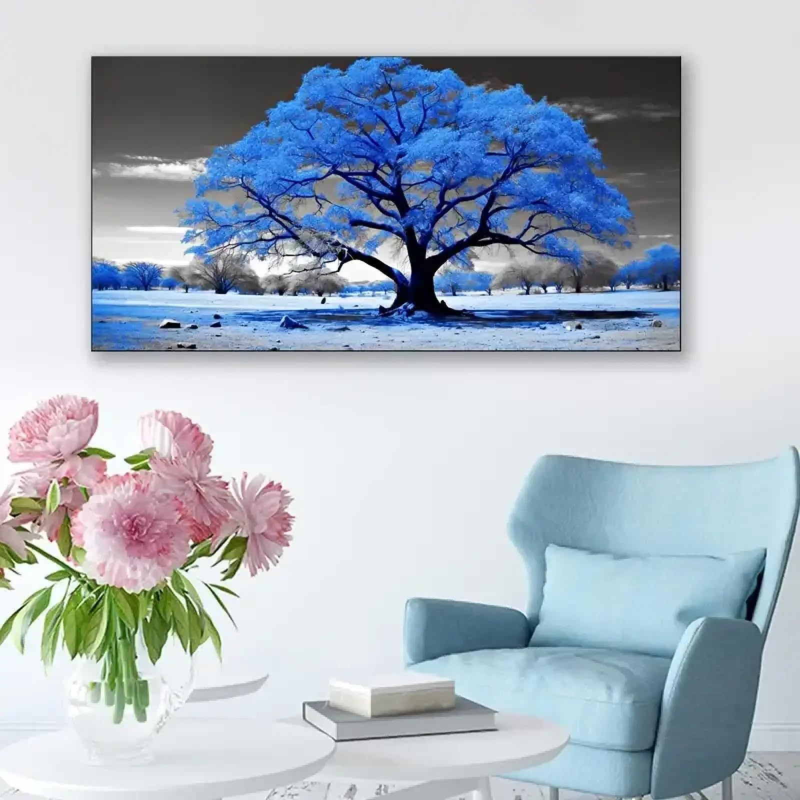 Arbre bleu en noir et blanc toile grand format paysage d'automne 65x130 - 8