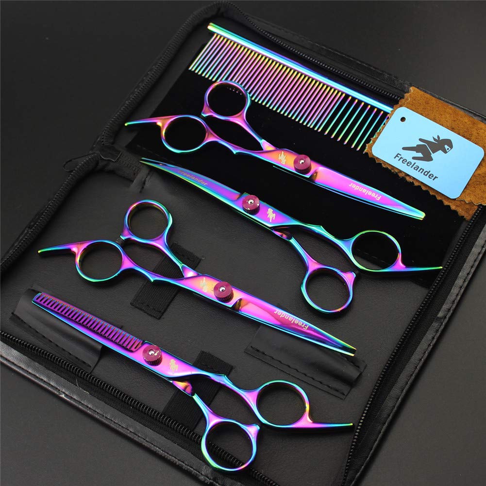 Professional Pet Grooming Scissors Set,Rainbow 7 inches Pet Stainless Steel Scissor Suit Suit Provided With Curved Thinning Shear and Steel Grooming Comb Set,1