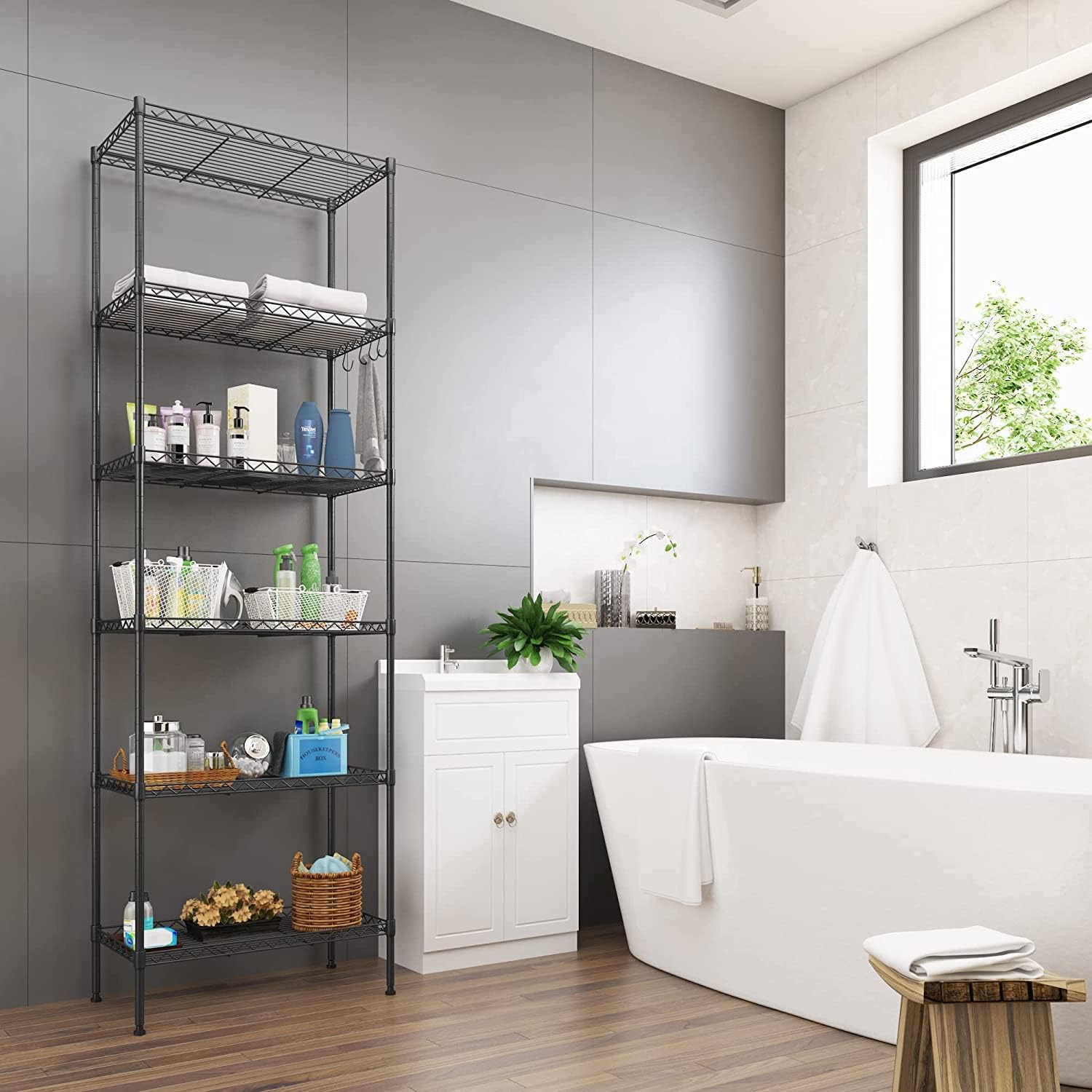 Himimi 6-Tier Wire Shelving Unit in a bathroom setting, storing toiletries and towels