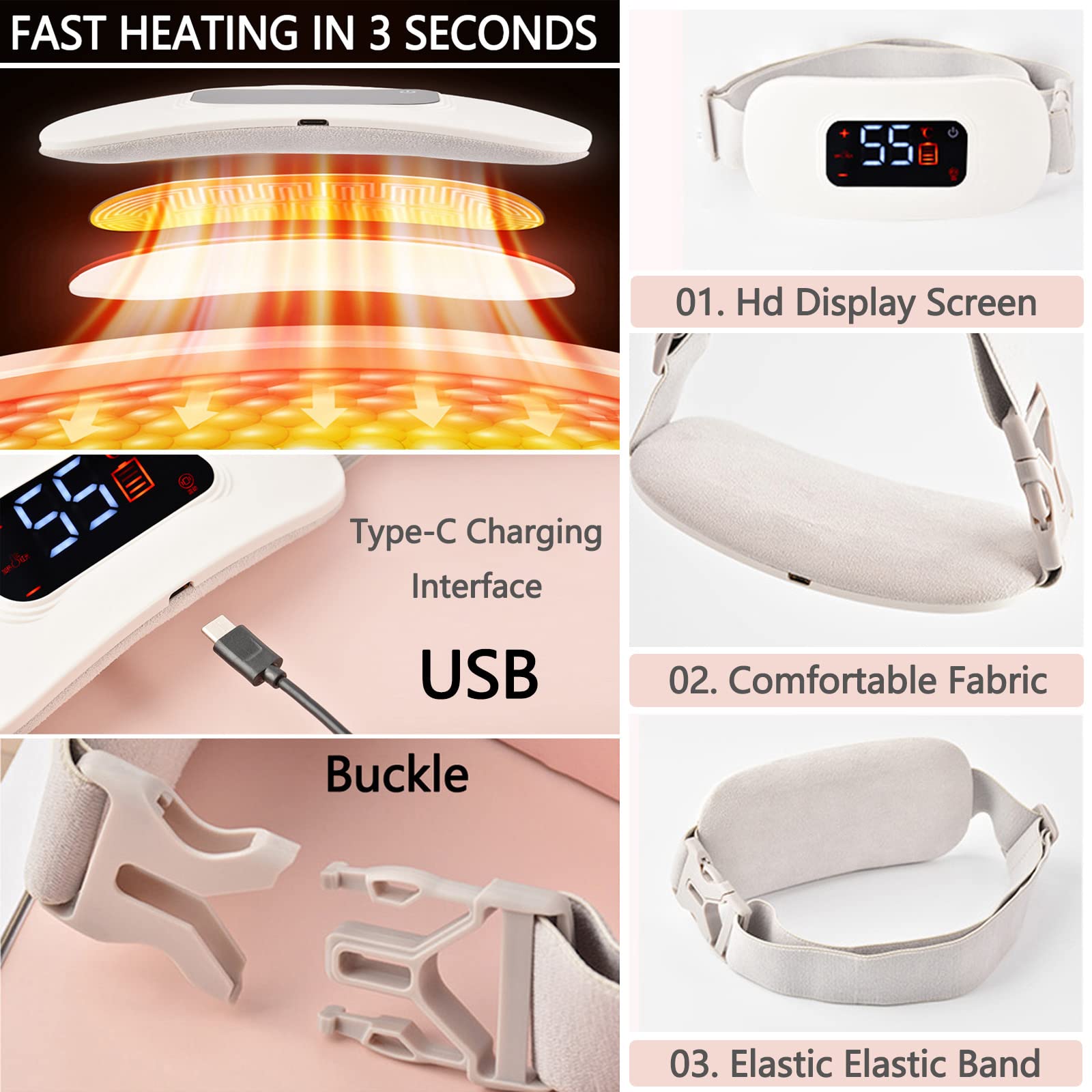 Cintura calda per utero mestruale Cuscino riscaldante rapido senza fili elettrico per schiena o pancia, 3 livelli di riscaldamento e 3 modalità di massaggio Riscaldatore vita USB per donna o raga