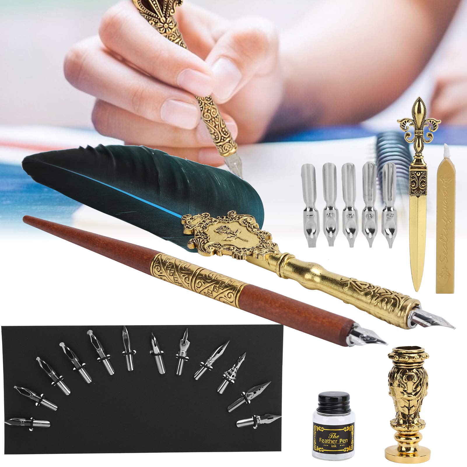 Set de Plumes Vintage pour Calligraphie et Dessin, Porte - Plume en Métal Rose, Plume à Tremper en Bois, Sceau à Cire et Pointes Artistiques, Idéal pour Artistes, Enseignants, (SP248011R bleu lac)