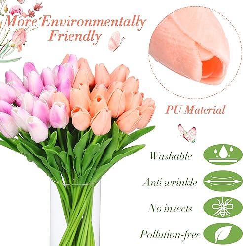 Miniatura 3 de Jutom 96 piezas de tulipanes artificiales multicolor ramo de tulipanes falsos de poliuretano sintético arreglo floral de tacto real para primavera