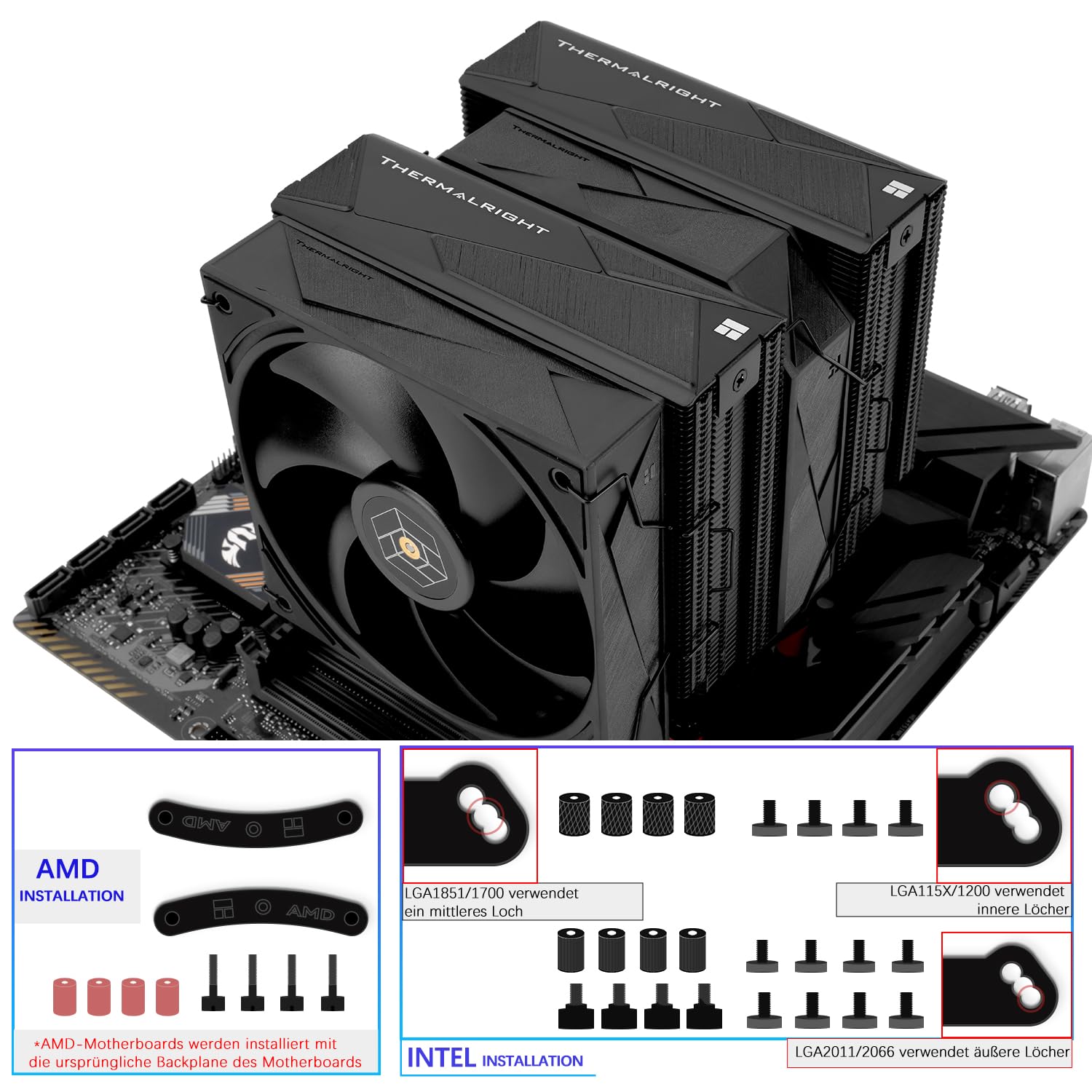 TR-Thermalright Royal Pretor 130 Black, Enfriador para CPU,Doble torre con 6 tubos de calor, Doble ventilador PWM,Cubierta superior con acabado mate cepillado en negro,Para AM5/AM4, Intel LGA1851/1700