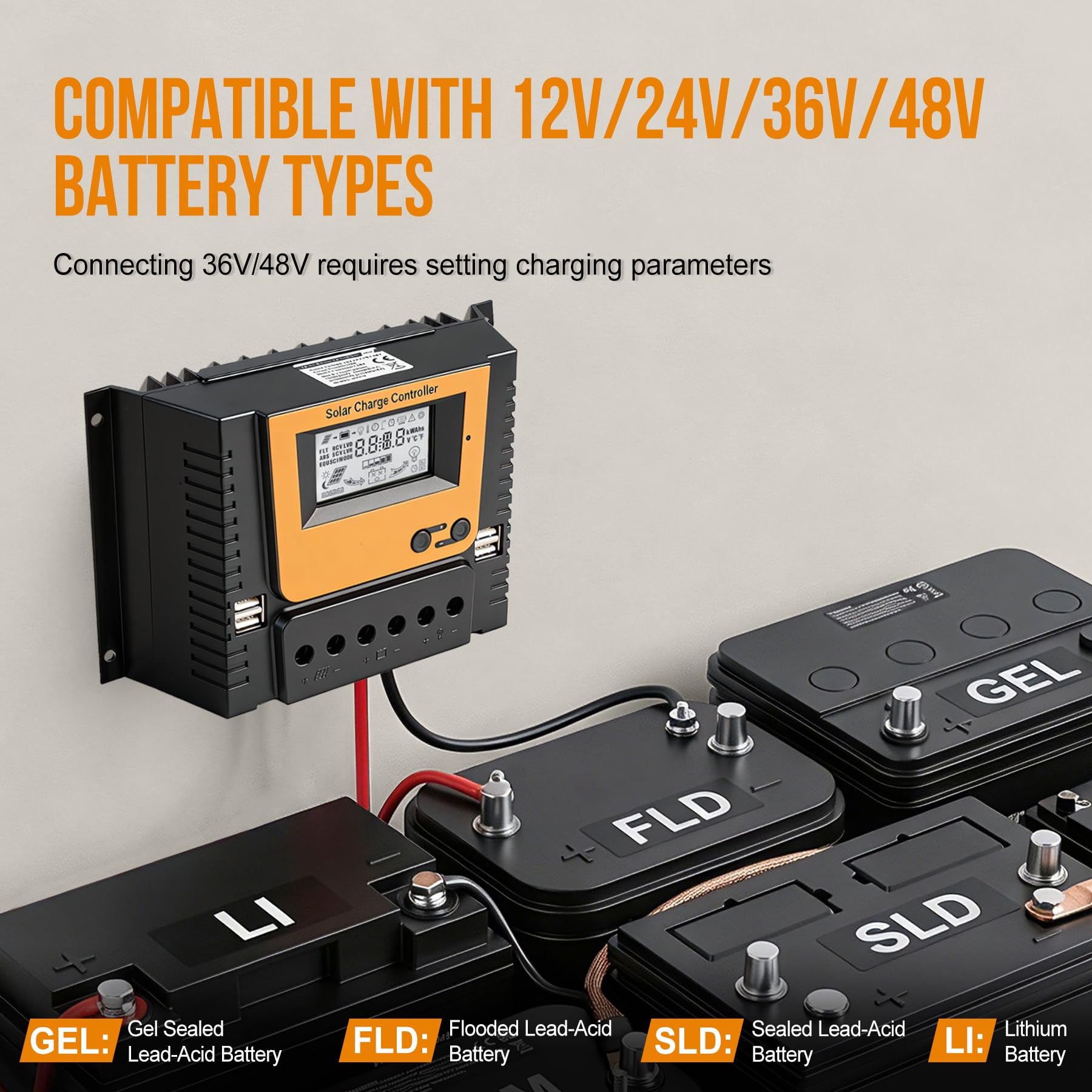 80A Solar Laderegler 12V 24V 36V 48V Mit Bluetooth, PWM 80A Solarladeregler mit Temperatursensor LCD Anzeige und 4 USB Ports,Geeignet 12V 24V 36V 48V LI SLD FLD GEL AGM Batterie