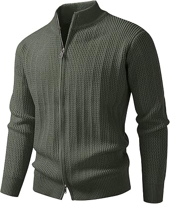 Mens Full Zipper Cardigan Sweaters Casual Stand Collar Textured Pullover Top Ribbed Knit Long Sleeve Chunky Sweater