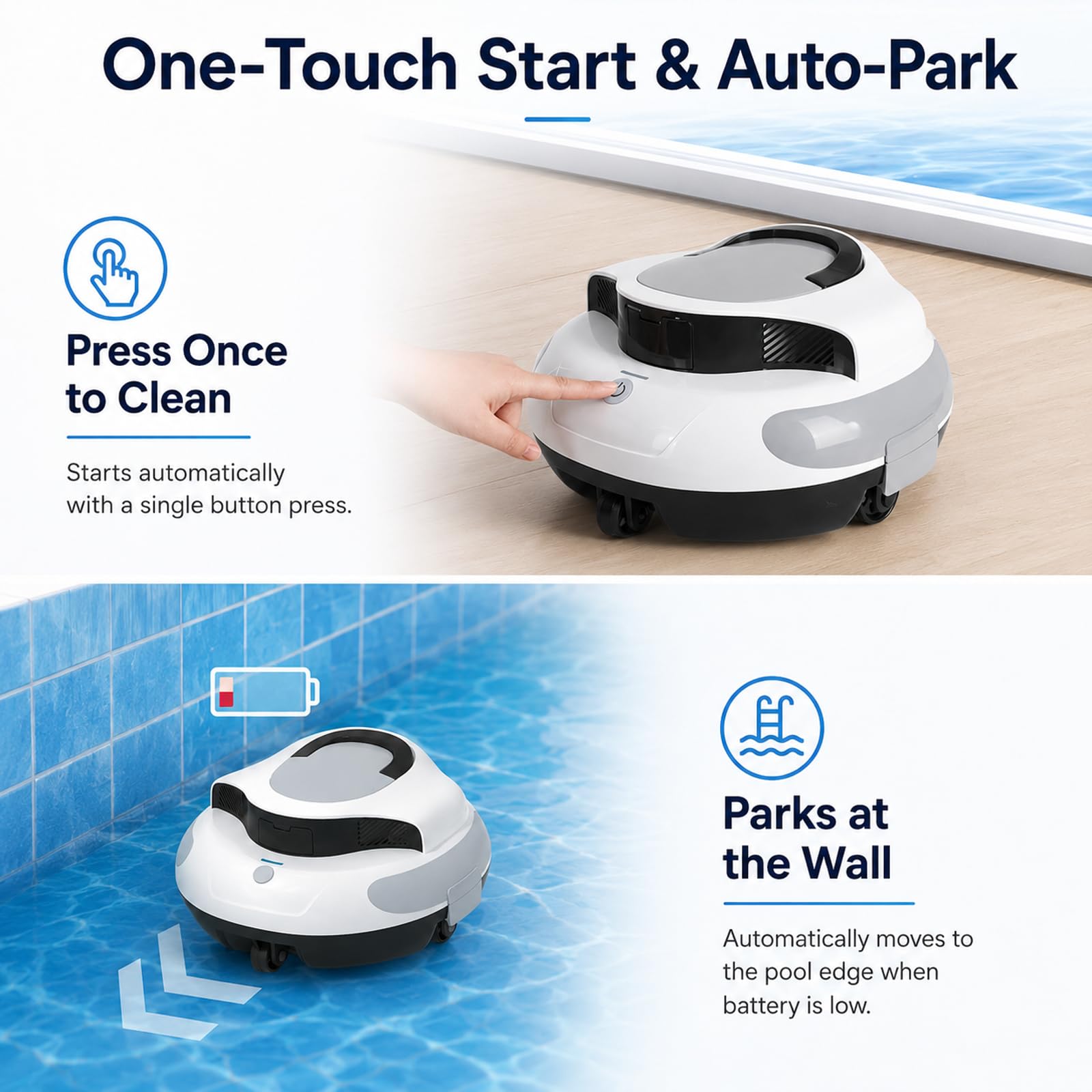 Robot Aspirador Para Piscinas Elevadas – Batería 5000mAh, Autonomía 100min | Limpiafondos Automático Sin Cable, Filtro 180μm Reutilizable, Succión 42L/min, Mango Flotante