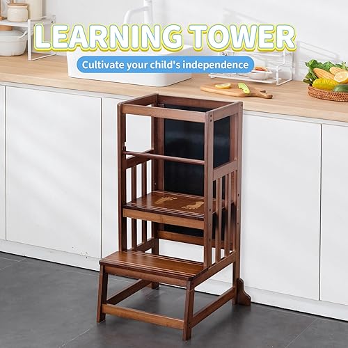 Miniatura 2 de UNICOO Taburete de bambú de altura ajustable para niños, torre de pie de cocina para niños, taburete de cocina estilo Montessori con tablero de arte