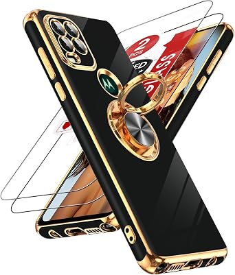 LeYi for Moto G Stylus 5G 2021 Case with Tempered Glass Screen Protector [2 Pack] 360 Rotatable Ring Holder Magnetic Kickstand, Plating Rose Gold Edge Motorola G Stylus 5G 2021 Case, Black