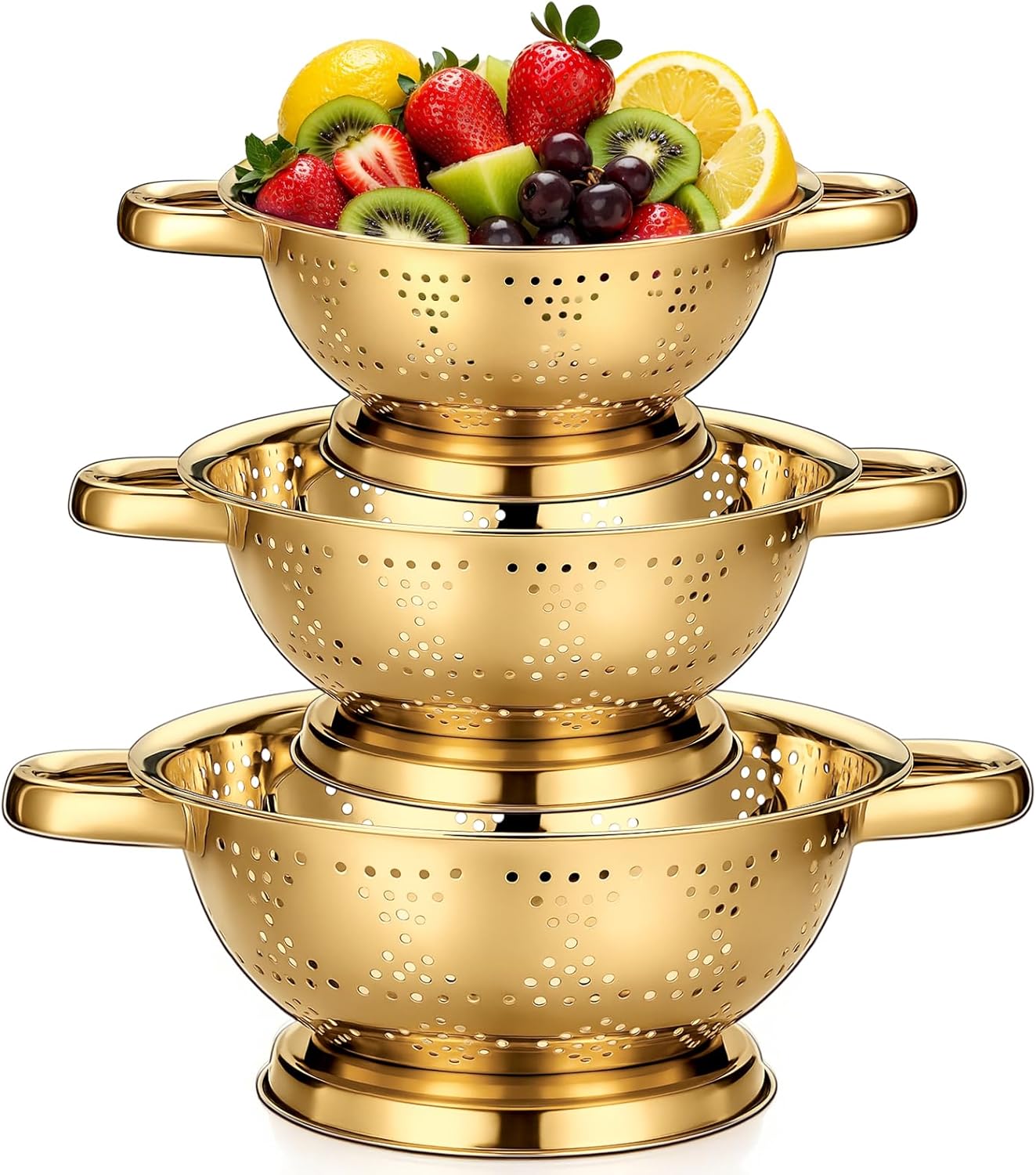 3 Pcs Gold Colander Set 1/2.5/4 Quart Stainless Steel Colander Gold Strainer Basket with Handles Kitchen Strainer for Draining Spaghetti Pasta, Rinsing Vegetables or Fruits