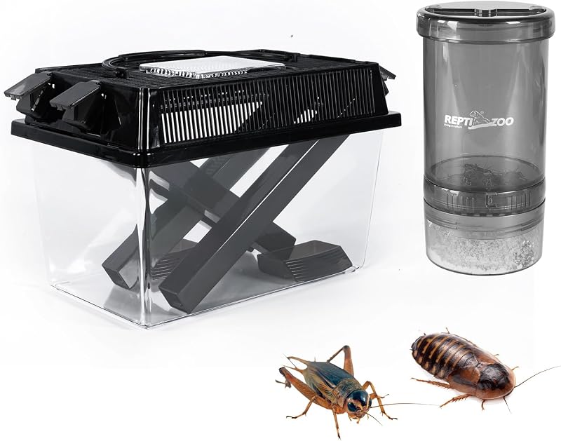 REPTI ZOO Kit combinado de mezclador y guardián de críquet para reptiles, alimentador de polvo de calcio para críquet de reptiles, dispensador de alimentación para dragón barbudo, lagartos, camaleón, serpiente