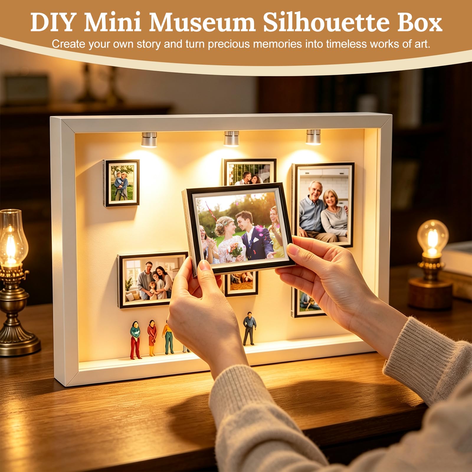Mini muzeum "zrób to sam", miniaturowe figurki 3D, muzeum, ramka na zdjęcia z 7 mini ramkami, 8 miniaturowych osób, 3 diody LED, drewniana rama biała, na urodziny, rocznicę, zakończenie szkoły