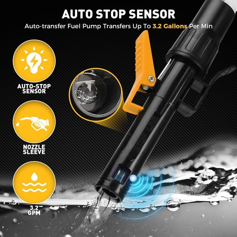 Pompa Trasferimento Carburante Auto-Arresto 3.2 GPM | Sensore auto-arresto, previene trabocchi, trasferimento per sicuro, 3.2 GPM, ideale per e diesel