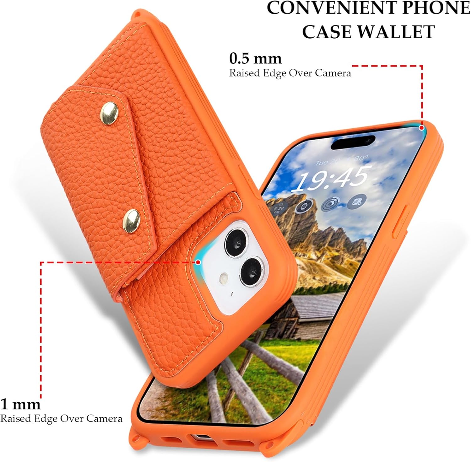 Jaorty Genuine Leather Wallet Case for iPhone 12 Pro/12, Necklace Lanyard Case Cover with Card Holder & Cash Pocket for Women Girls,Magnetic Snap,Anti-Lost Shoulber Strap 6.1 inch,Orange