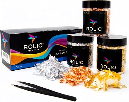 Rolio Metallic Foil Flakes, 3 Bottles Gold, Copper, and Silver, Imitation Gold Foil Flakes for Epoxy, Nail Art, Painting, DIY Arts & Crafts, Slime, Face & Eye Makeup, Resin Jewelry 5g/0.17 oz Each