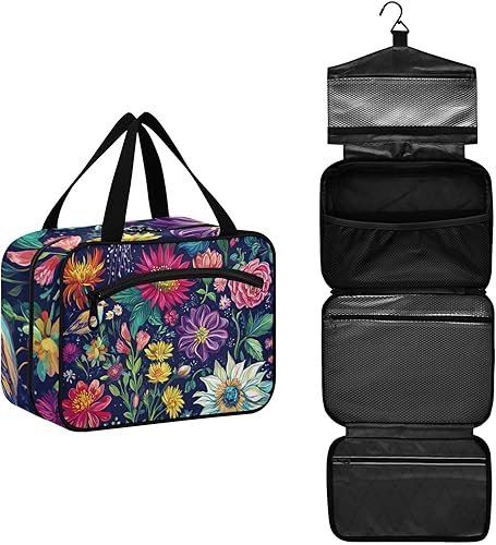 Miniatura 2 de Flores retro con pintura al óleo de color Siente colgante bolsa de artículos de tocador de viaje con gancho, bolsas lavables de diseñador para