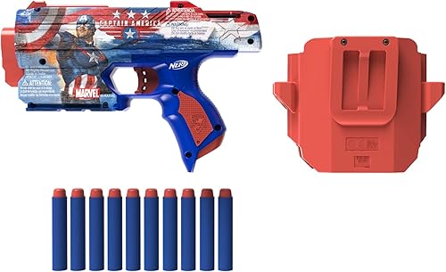 Miniatura 9 de NERF Marvel Captain America Dart Blaster, 10 dardos de élite, funda, lanzadores de espuma de juguete para niños y niñas de 8 años y más