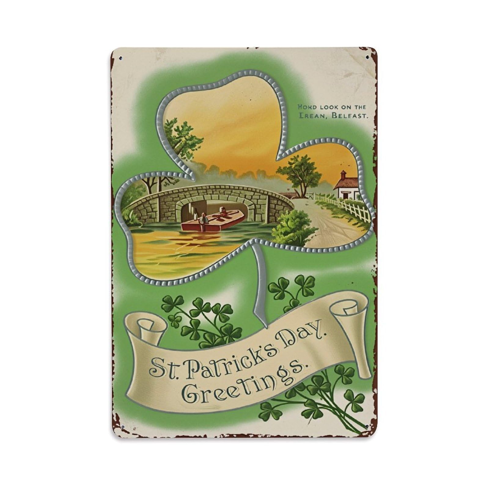 Enderetf Vintage St Patrick's Day Greetings Clover Bridge Boat Tin Sign Metal Poster, Home Bar Garage Man Cave Cafe Indoor & Outdoor Wall Decoration 8X12inches