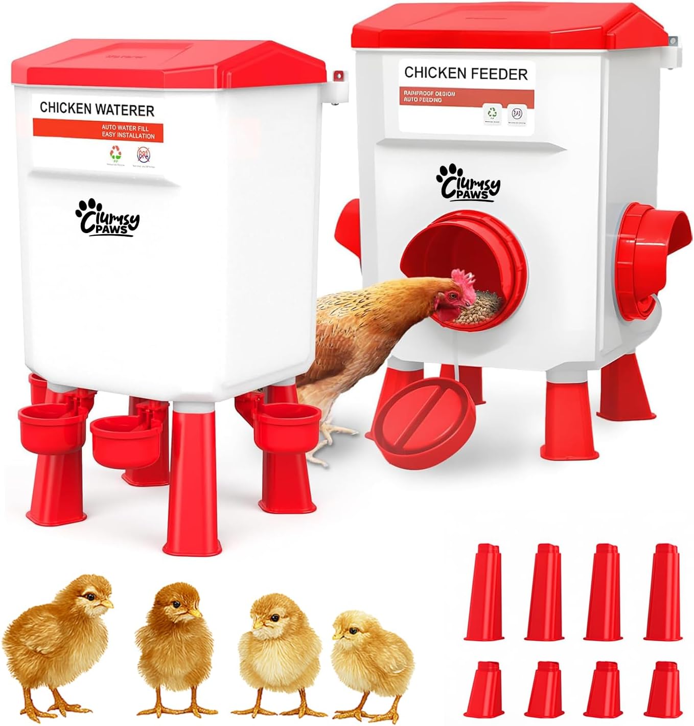 Large Chicken Water Feeder Set, Adjustable 3 in 1 Poultry Feeder with Short & Long Legs & Hanging Hook, 11L Chicken Waterer & 26.5lb Chicken Feeder Port, No Waste Design for All Poultry Sizes