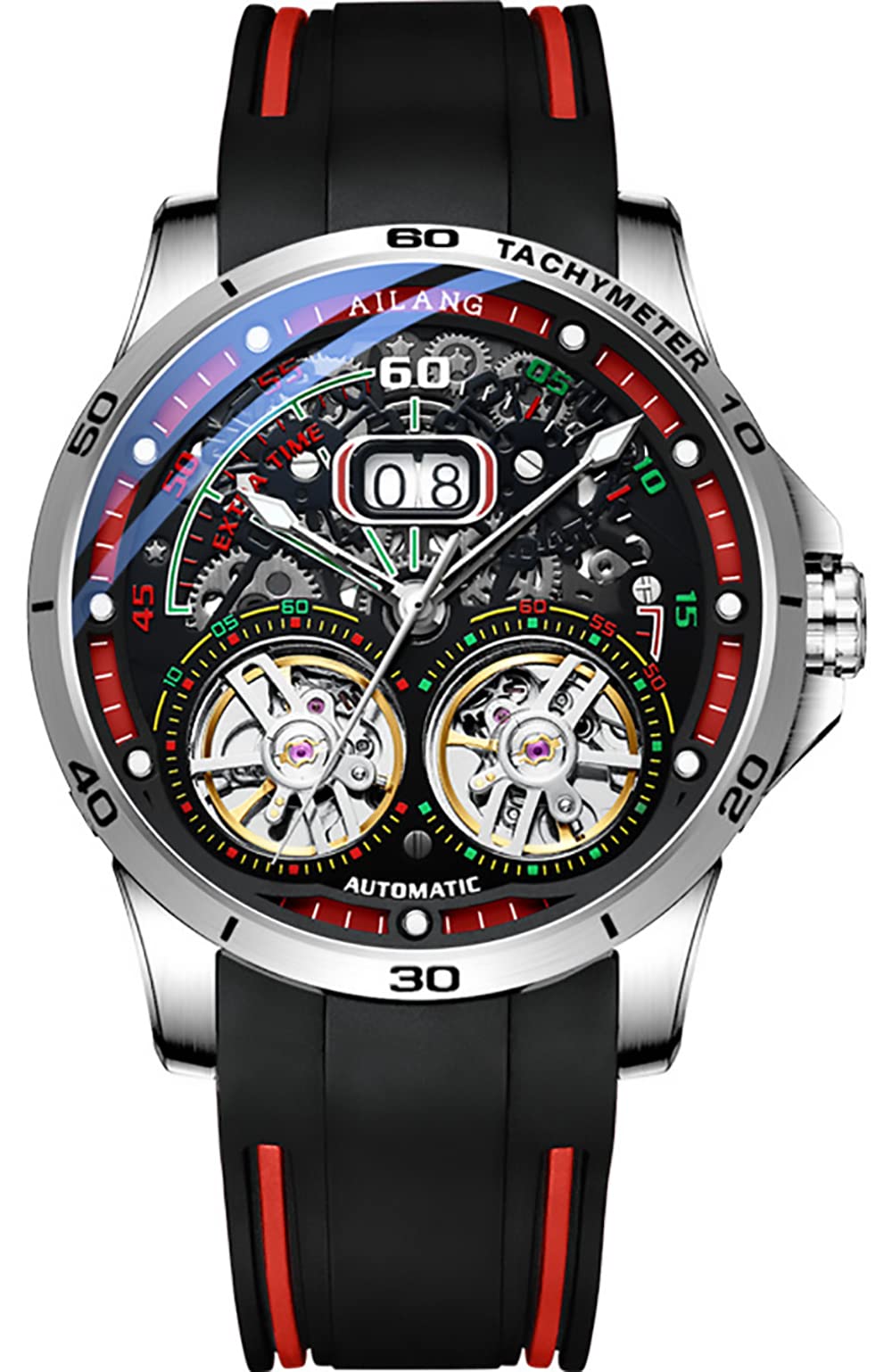 TEINTOP Reloj mecánico automático de los hombres de los relojes del esqueleto con ruedas de equilibrio dual, Plata y rojo., Casual