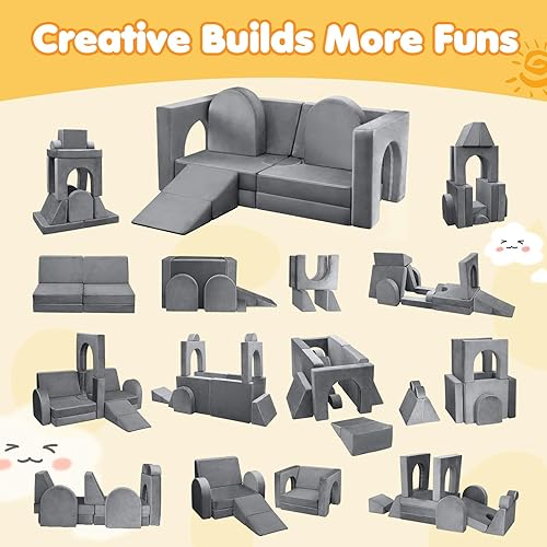 Miniatura 5 de Sofá modular de juego de 14 piezas para niños pequeños, sala de juegos, dormitorio, más de 500 dólares, sofá para niños, niñas y adolescentes (gris)