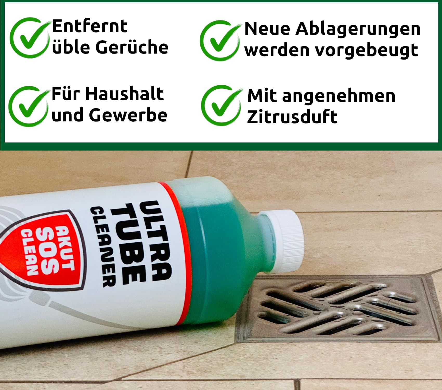 Akut SOS Clean ULTRA TUBE CLEANER Bio Enzym Rohrreiniger | biologisch abbaubarer Rohrreiniger | BIO Rohrreiniger | Bio Reiniger mit Mikroorganismen zertetzt Fette & Öle 1L