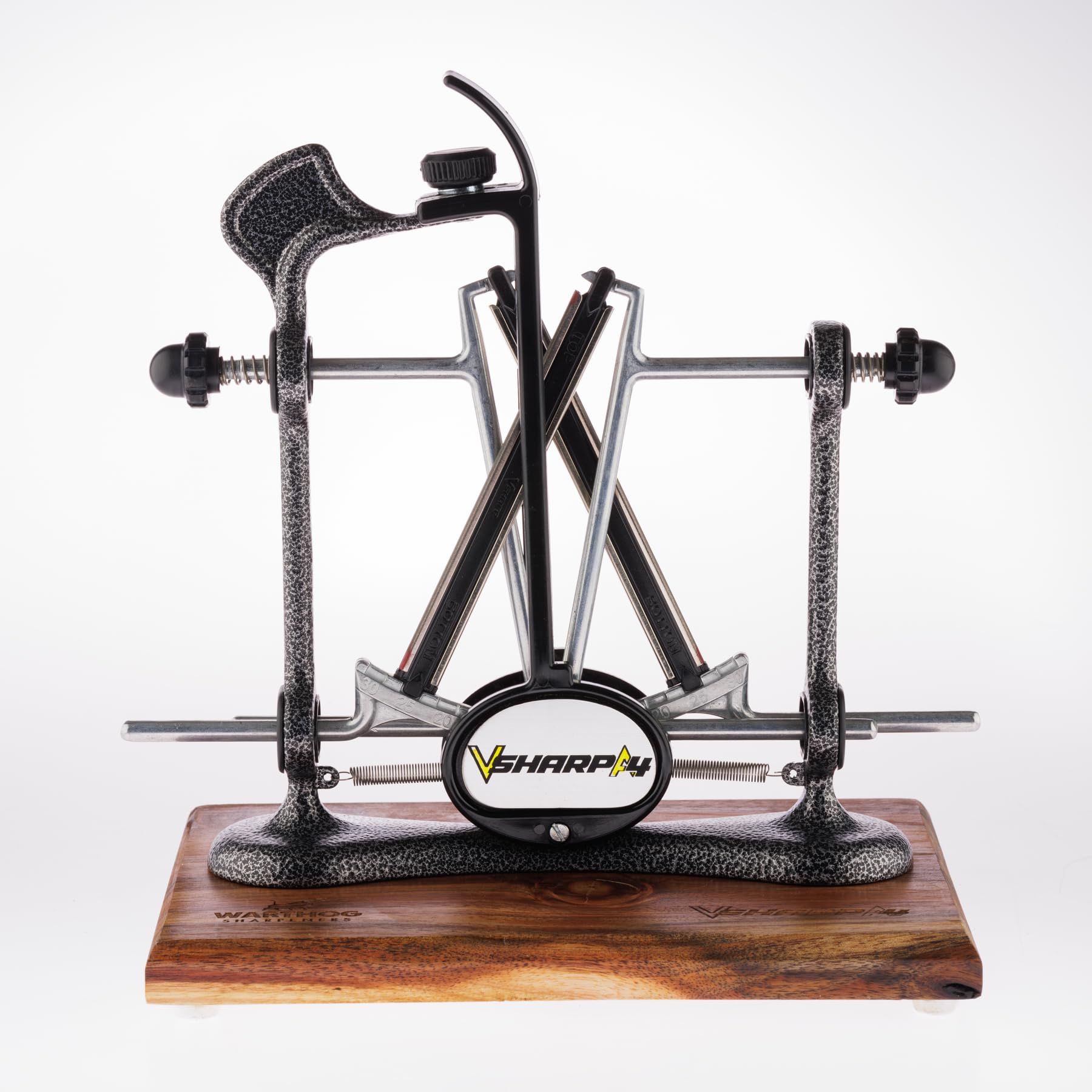 Warthog Sharpeners V-Sharp A4 ELITE Messerschärfer Anthrazit, mit 4 verschiedenen Schleifwinkel – hochwertigem Holzstandfuß - Messerschleifer für Jagdmesser, Küchenmesser, Schnitzmesser, uvm.