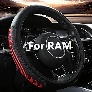 Leather Steering Wheel Cover for Dodge Ram 1500 2500 3500, 15.5-16 Inches Car Steering Wheel Cover with Anti-Slip Massage Particle (Red)
