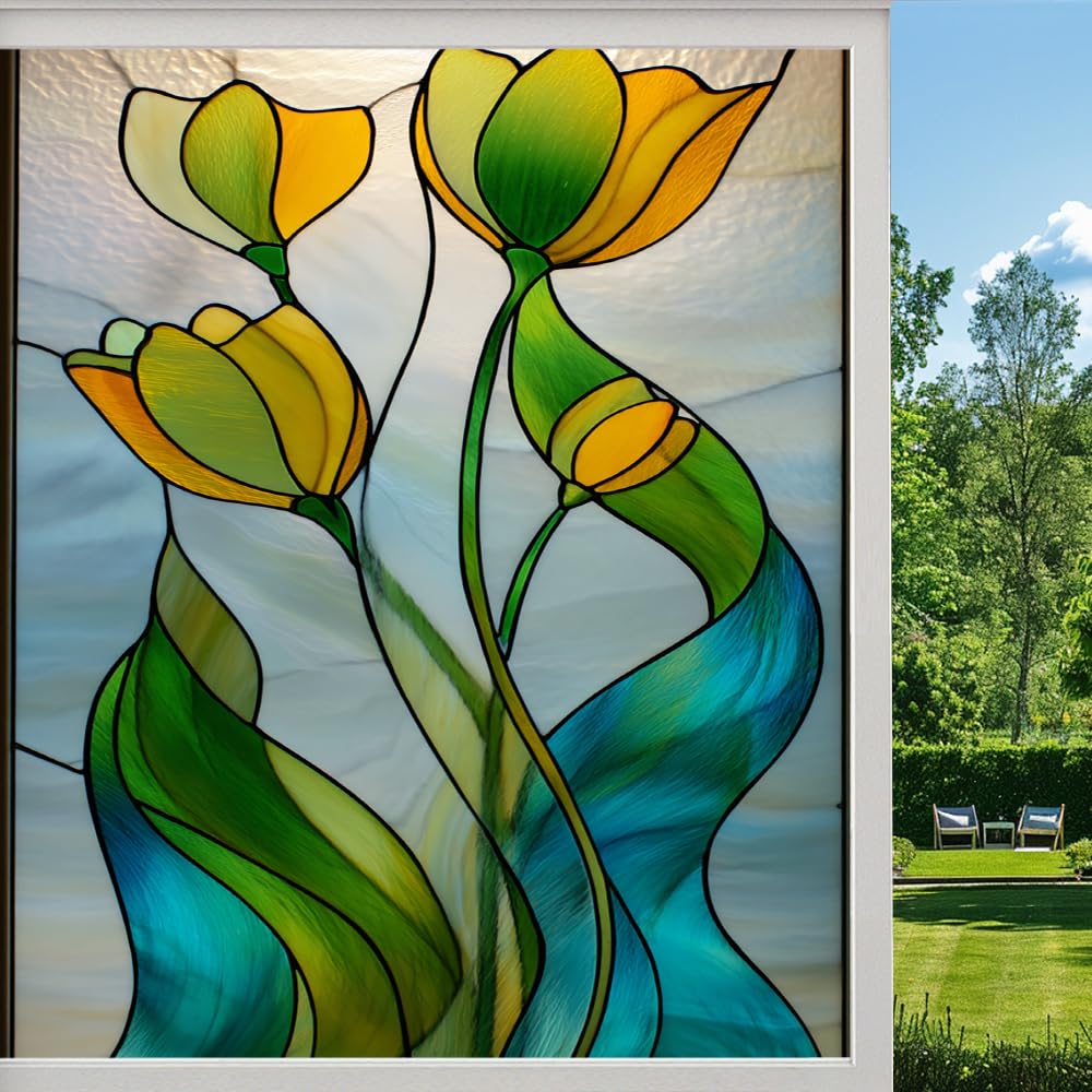 Spring Flowers Privacy Window Film, Minimalist Colorful Tulips Frosted Self-Adhesive Vinyl Cling for Glass Doors Bathroom Windows Sun Blocking Heat Control, （70x120cm）