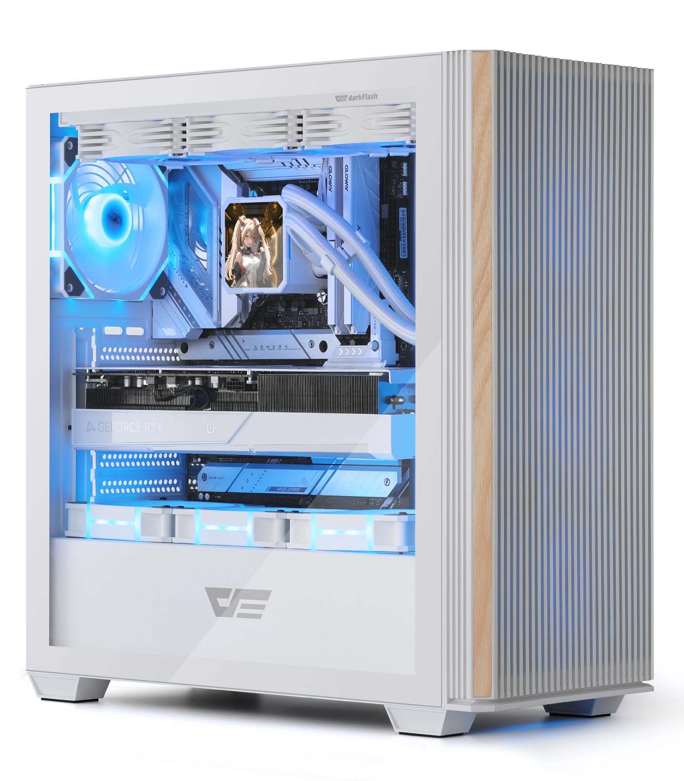 darkFlash DS900WS(2025) Case PC ATX, vero legno di noce, flusso d'aria elevato, ventole ARGB PWM 4x120mm preinstallate, case PC da gioco Mid-Tower, porta di tipo C, AIO fino a 360mm (Bianco)