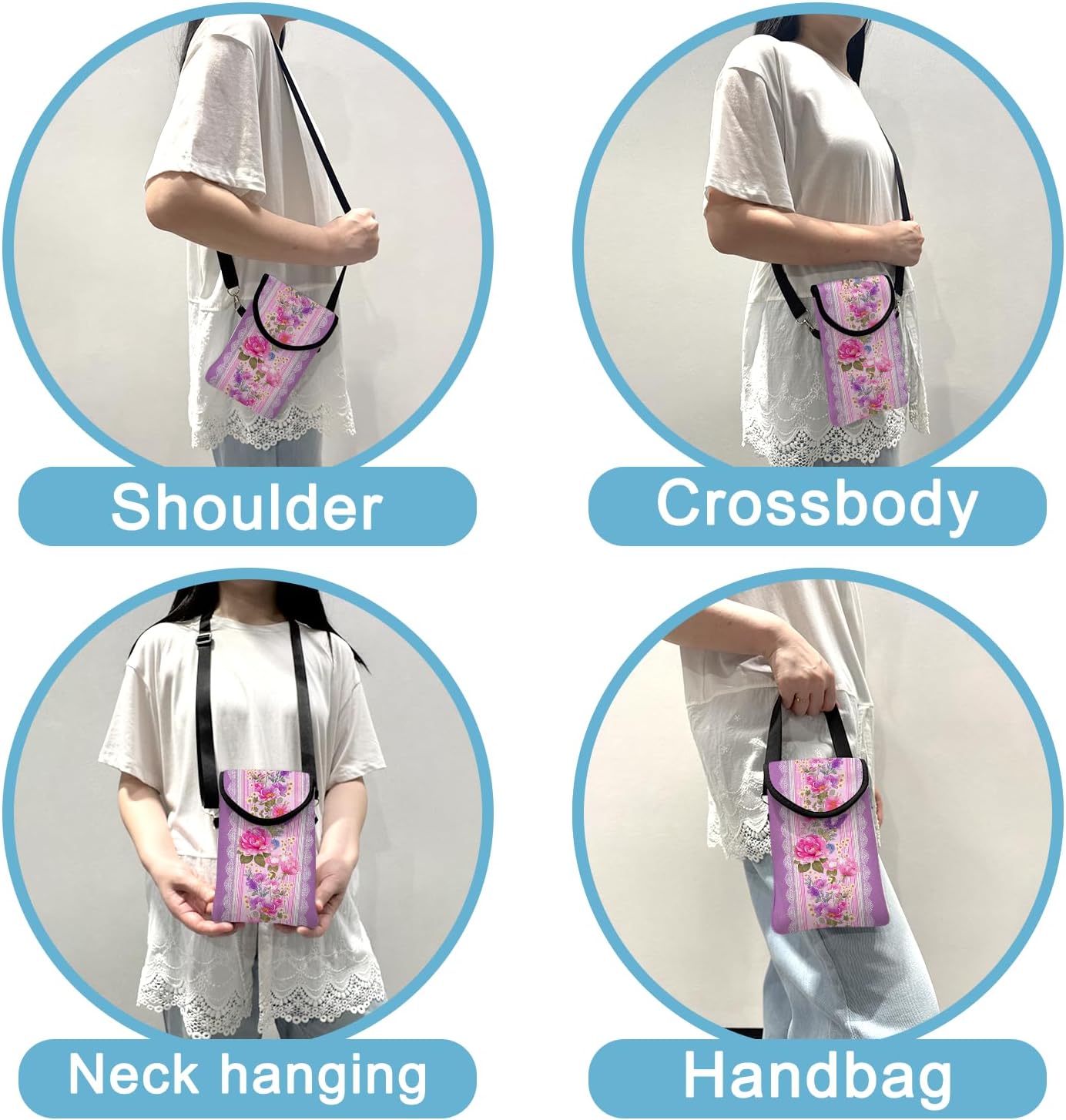 Neoprene Cell Phone Sleeve Pouch Case Bag with Crossbody Strap Neck Lanyard for Women 7.5 X 4.3 in Pink Flower Wall