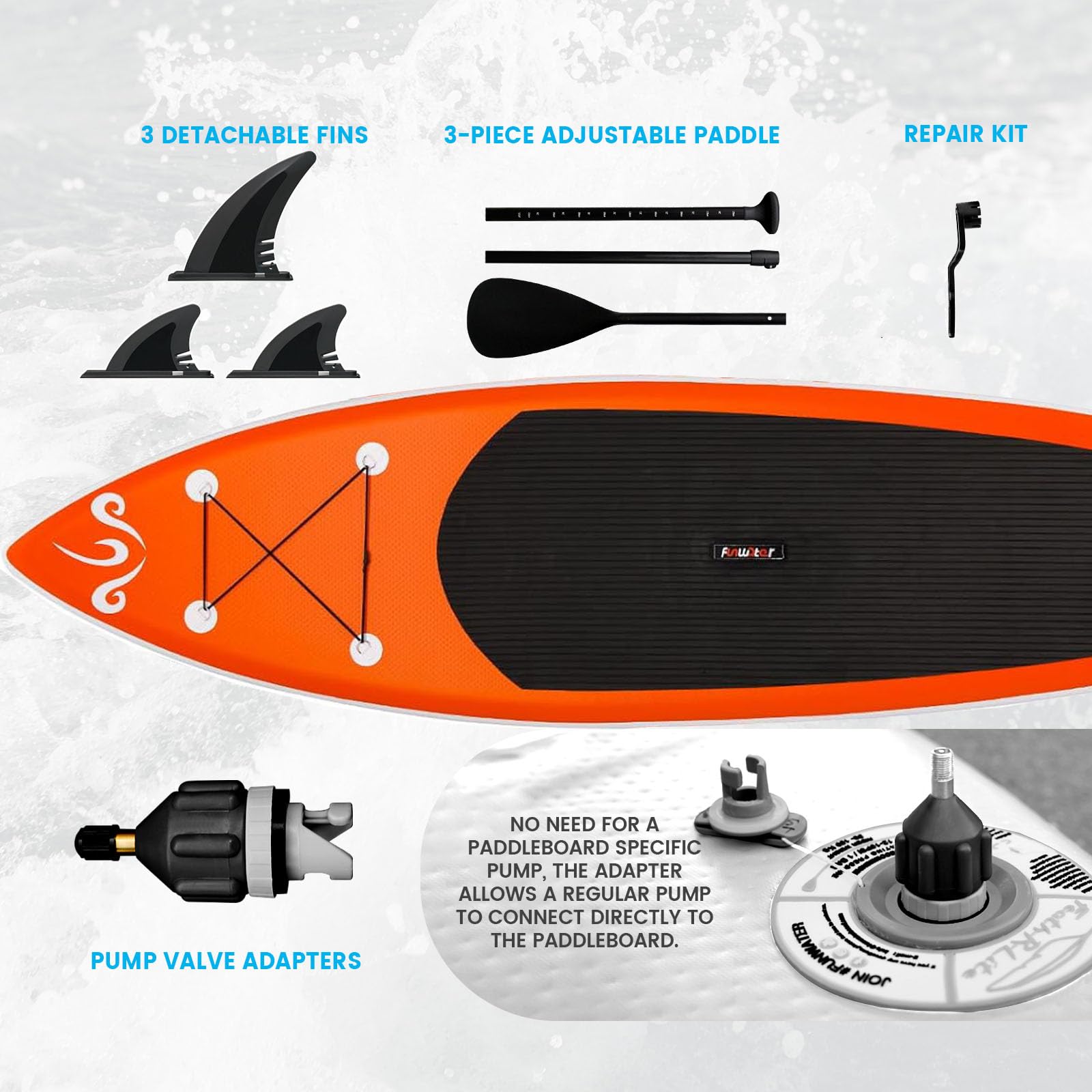 FunWater Tabla de Paddle Surf Hinchable, Ultraligera para Todos los Niveles, Tabla de Paddle Surf con Remo Ajustable, Tres Aletas, Kit de Mantenimiento, Conector de Válvula