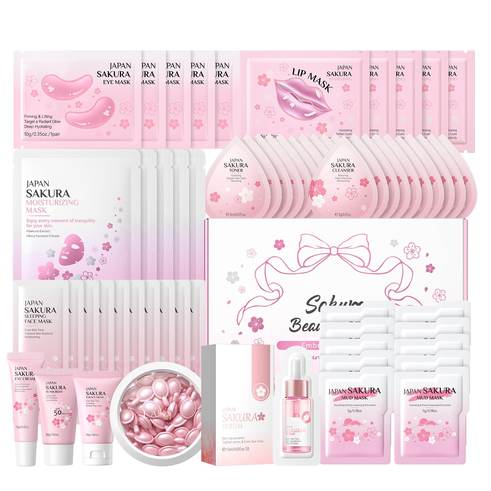 60Pcs Sakura Skin Care Set, Japanese Cherry Blossom Gift Sets for Women Girls, Facial Kit Daily Care All In One Set, Travel Kit for Women Girls, Birthday Mother's Day Gifts (60Pcs Sakura Skincare set)