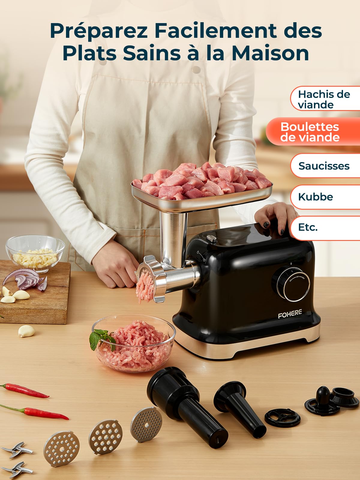 FOHERE Hachoir à Viande Électrique, 2000W Moteur à Courant Continu Hachoir Électrique Avec 2 Lame de Coupe, 3 Plaque de Coupe (7MM/5MM/3MM), Tuyau de Saucisse, Forme-kubbe, Hachoir à Viande Domestique