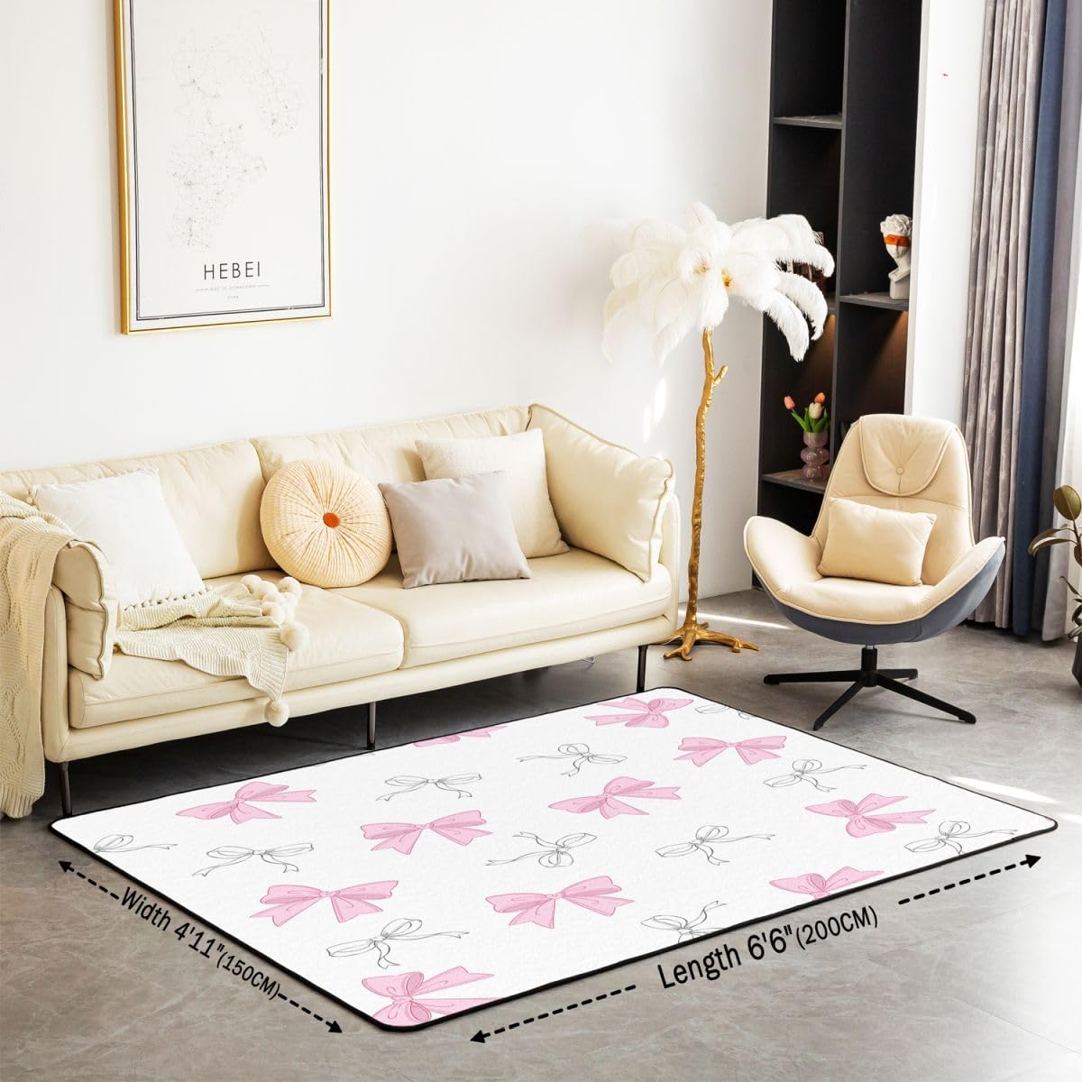 Homewish Kreskówka kokarda dywanik 150 x 200 cm do sypialni - różowy kawaii urocza wstążka kokarda dywany salon akwarela muszka nie gubi włosia dywan mała księżniczka kokardki duże dywany
