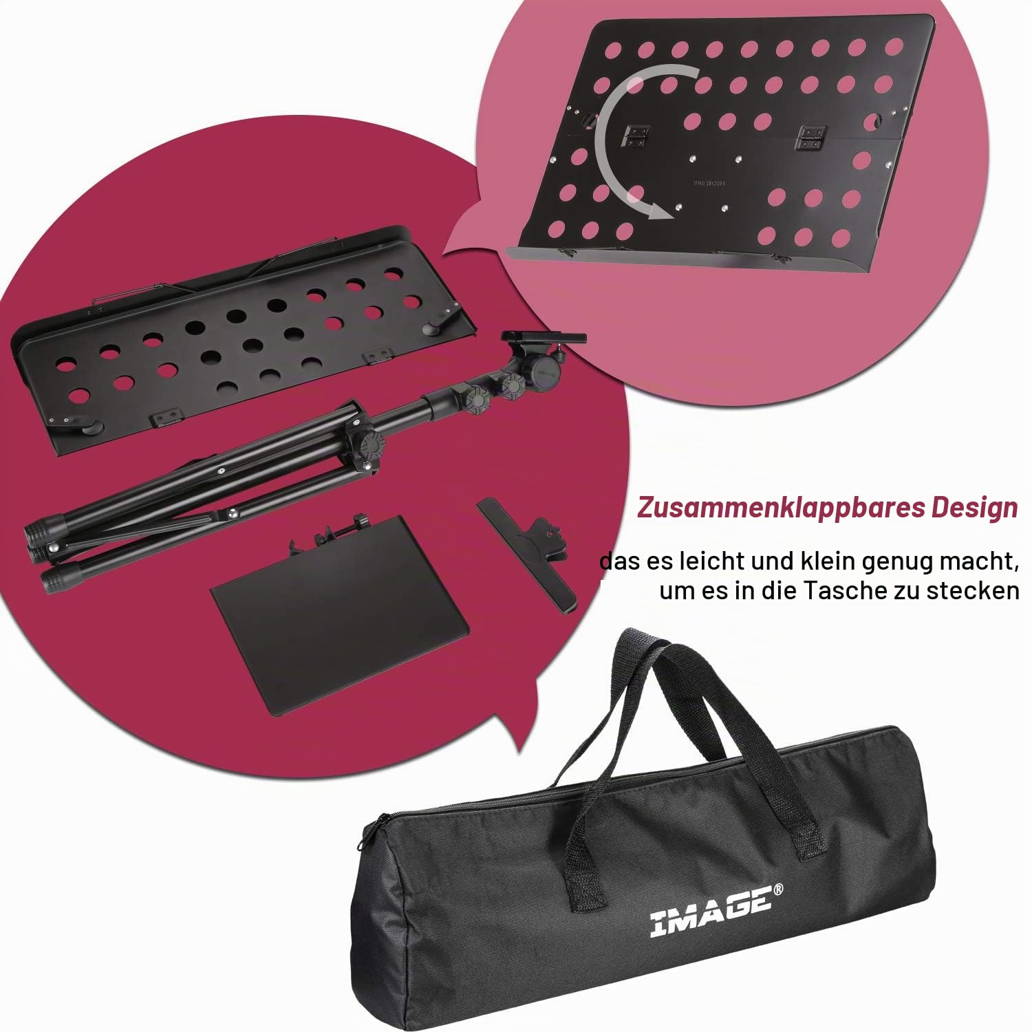 IMAGE Notenständer Metall Klappbar Notenhalter stabiler Musik Stativ mit Tragetasche, Professioneller tragbarer perforierter Notenständer, schwarz