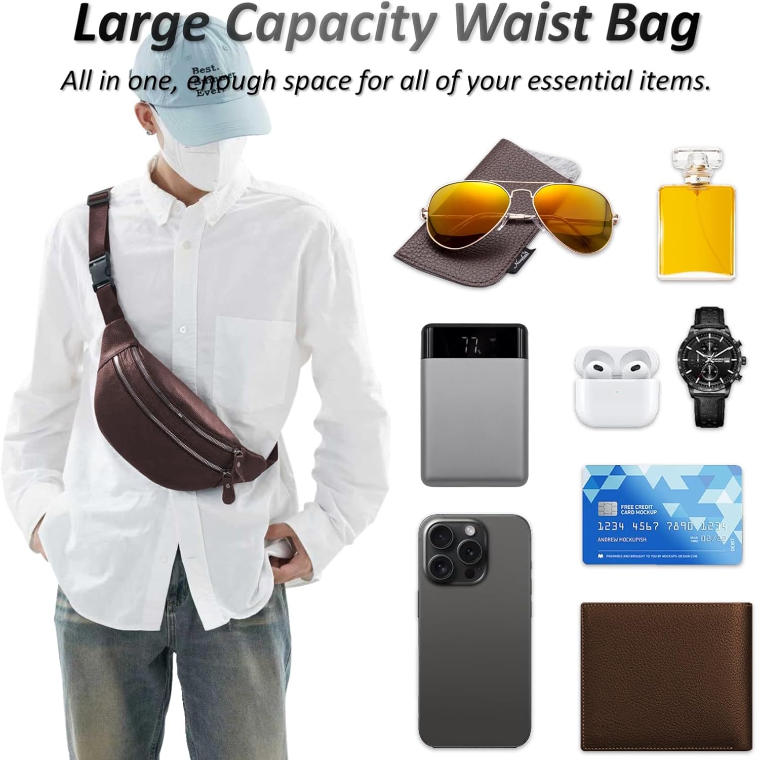 Genuine Leather Waist Bag, Outdoor Travel Waist Pack, Cowhide Leather Fanny Pack with Adjustable Strap, Suitable for Travelling, Outdoor Hiking, Cycling, Running - Brown & Large - Image 5