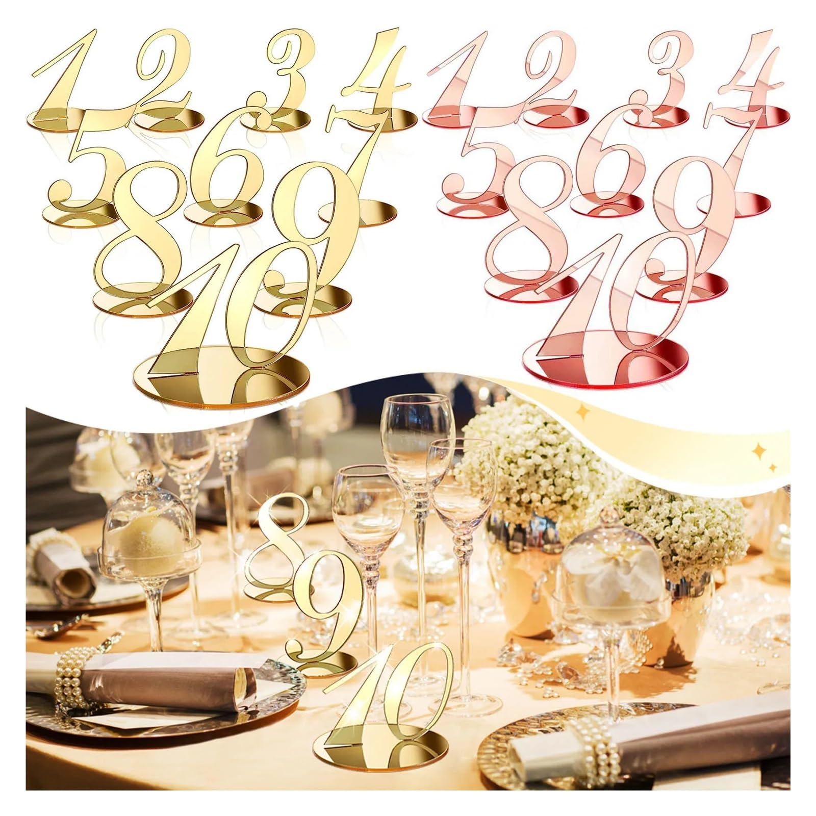 uchwyty na numery stolików, 10-elementowy stojak na numery stołów w kolorze złotym z elegancką lustrzaną podstawą wesela i imprezy cateringowe(Rose gold)