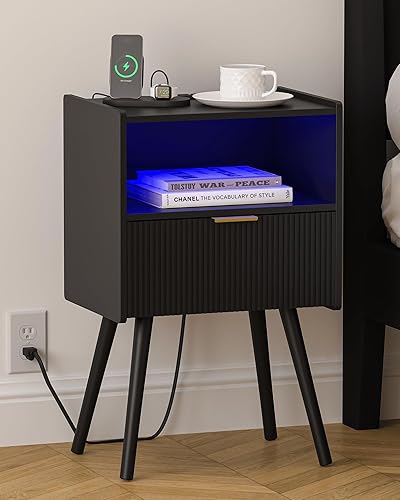 Black Nightstand, Modern Bedside Table with Charging Station & LED