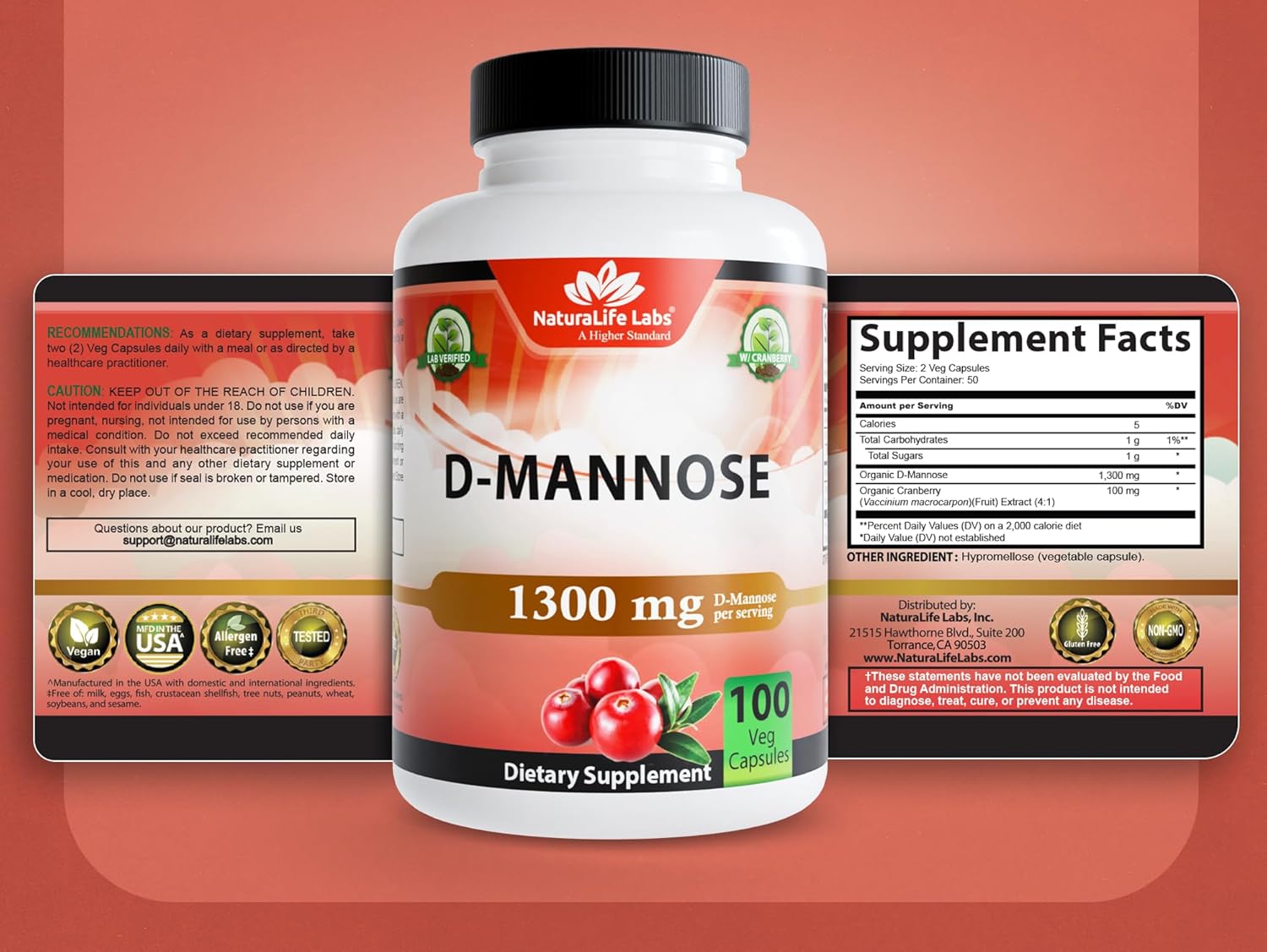 NaturaLife Labs Organic D-Mannose 1300 mg with Organic Cranberry Extract 100 mg per Serving – 100 Capsules – Non-GMO, Gluten-Free, Vegan (2 Pack)