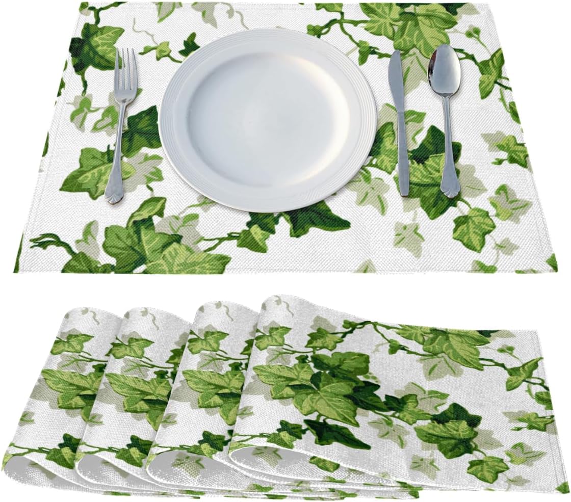 QsirBC Ivy Leaves Placemats Set of 6, Faux Linen Table Mats for Weddings Christmas Halloween Dinners, Reversible Double Layer Heat Resistant Tablemats Place Mats, 18x12 Inches