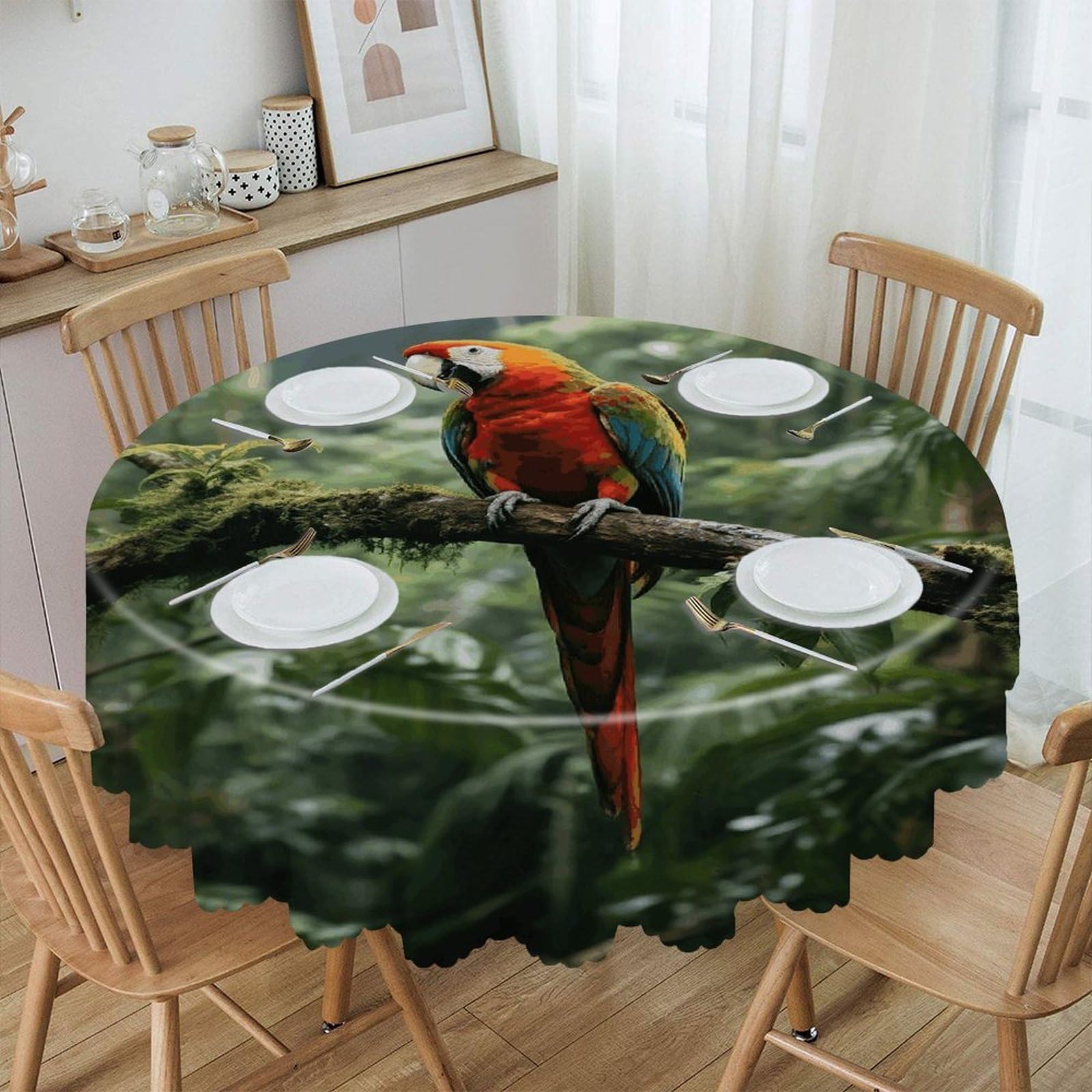 VstaDank Parrot_Rainforest Round Tablecloth Wipeable Round Polyester Tablecloth Waterproof Wrinkle Free Indoor and Outdoor Table Cover 60 Inch Decorative Farmhouse Table Cloth for Dining