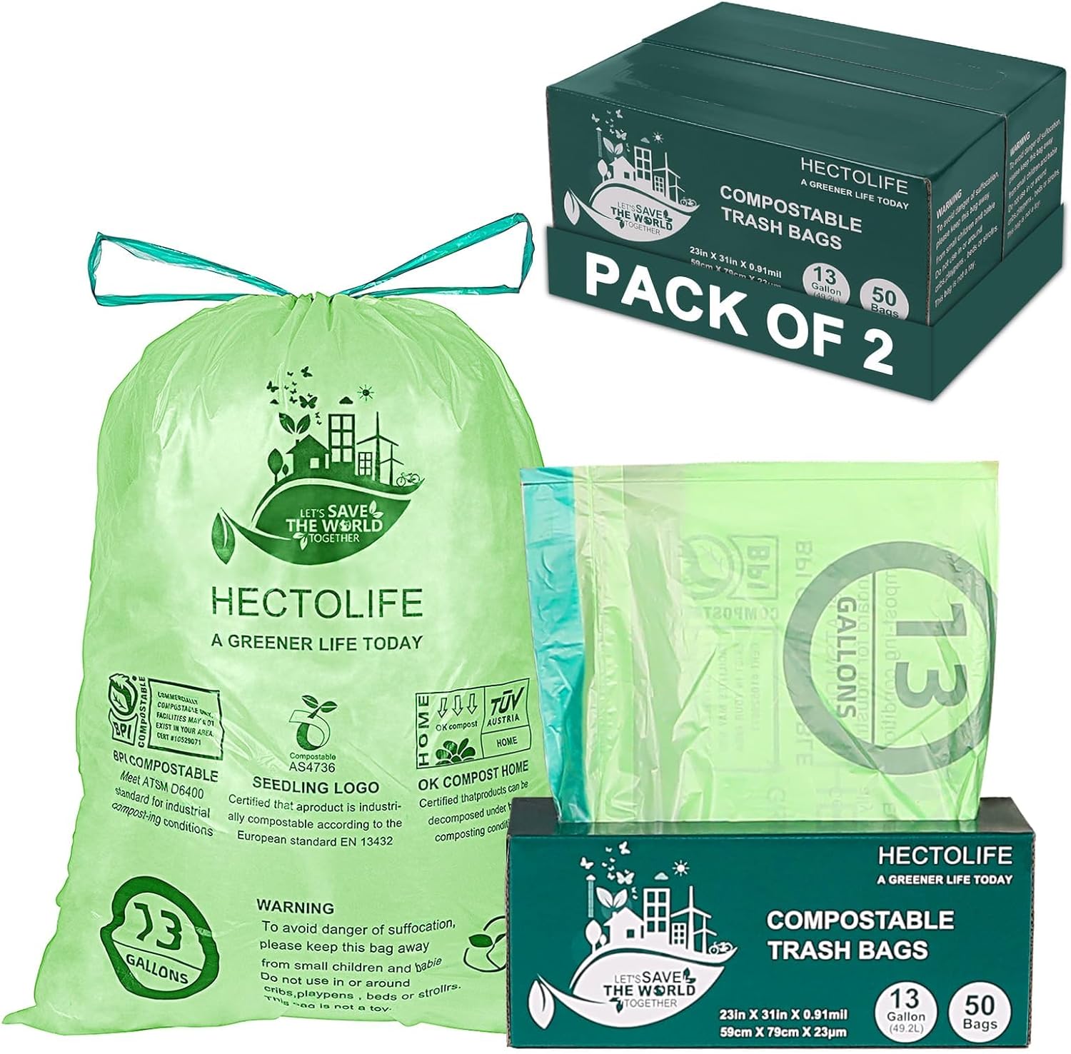 13 Gallon,100 Count, Compostable Trash Bags with Drawstring,Tear Resistant Kitchen Food Scrap Waste Bag, ASTM D6400, US BPI and Europe OK Compost Home Certified 50 Count (Pack of 2)