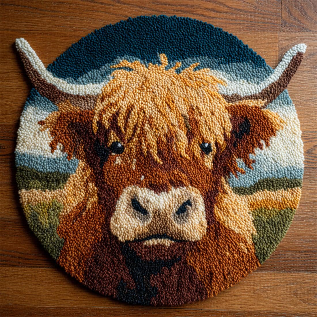 Rqwybcaxn DIY Latch Hook Rug Making Kits for Adults Animal Crochet Hooks Set Highland Cattle Portrait 50x50cm Round Tapestry with Crochet Hook Living Room Craft Gift