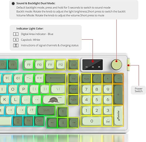 Miniatura 7 de Fogruaden Teclado verde 96% inalámbrico con teclado numérico y perilla, sensación mecánica, teclado RGB silencioso de membrana Matcha para juegos,